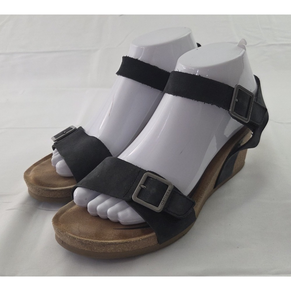 Aetrex Lexa Sandals Womens 8.5 Black Leather Wedge Lagenlook Boho Minimalist